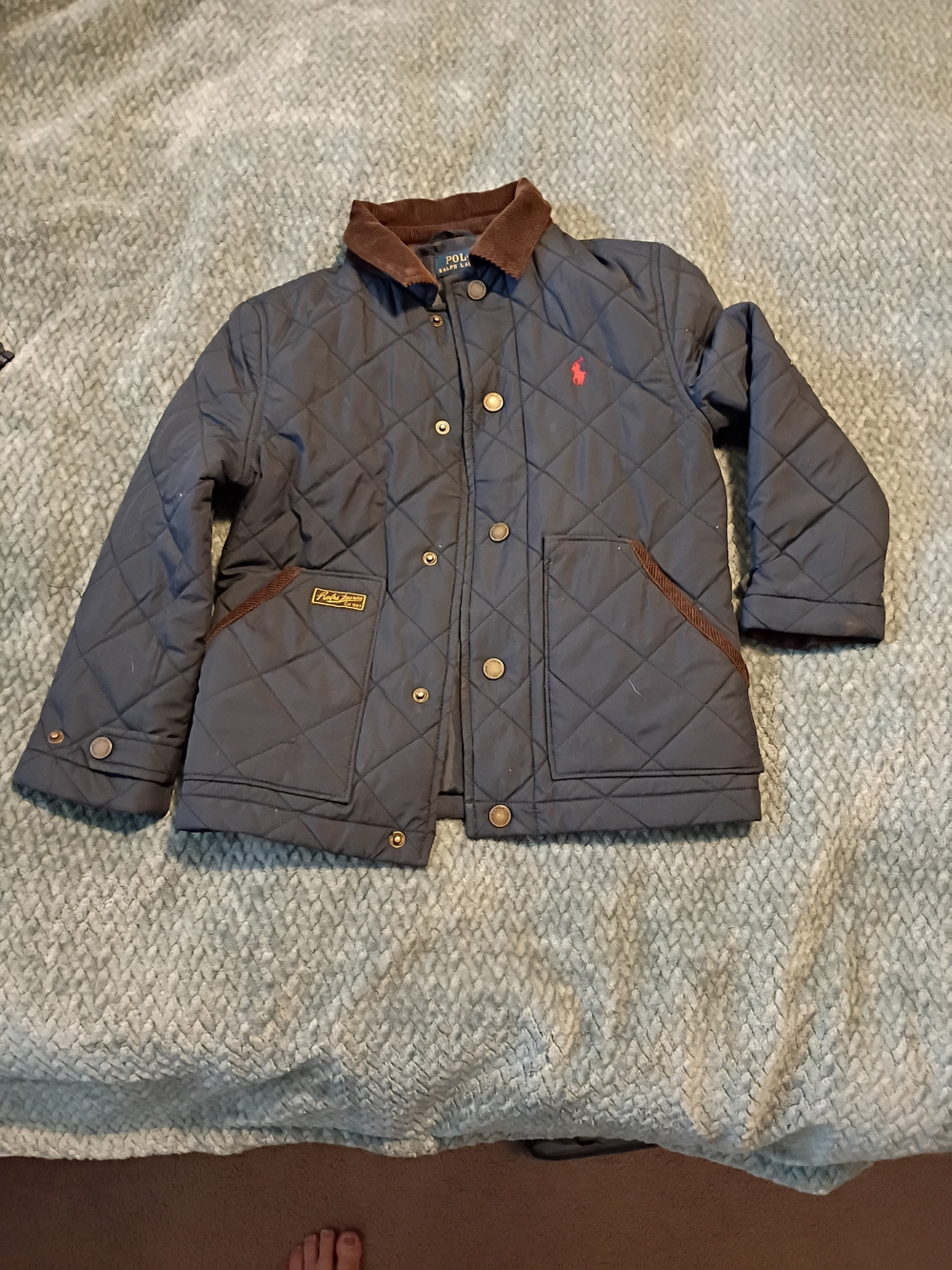 Polo by Ralph Lauren Navy Quilted Kids Jacket with Brown Trim Size 6